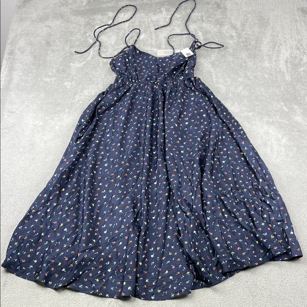 NEW Outerknown XS Organic Cotton Silk Navy‎ Blue Floral Spaghetti Strap Dress